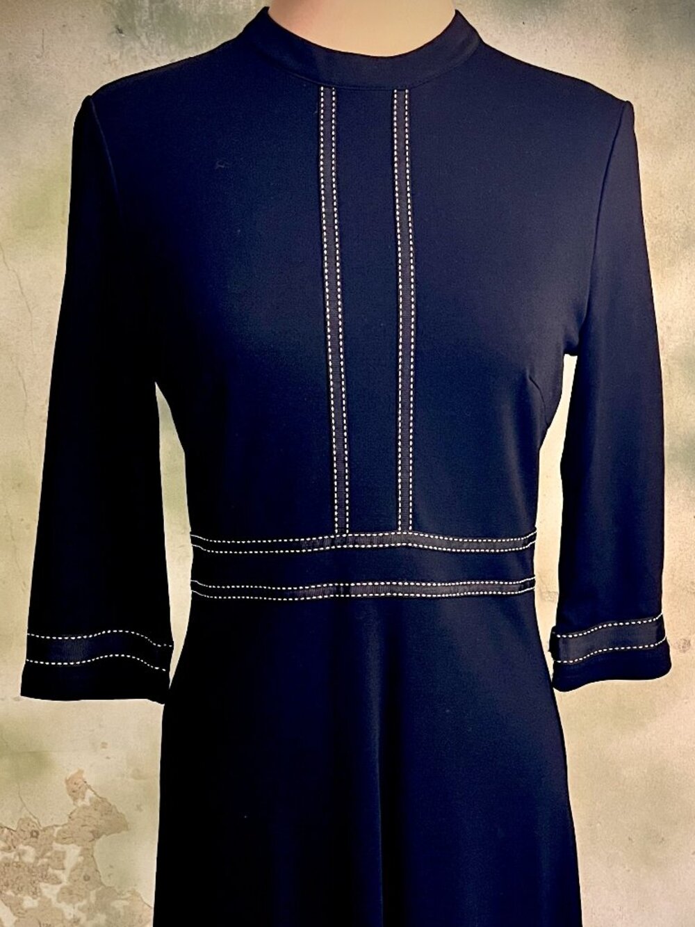 Homeyee Black Fit & Flare Dress Size 4 Contrast Stitching 3/4 Sleeve